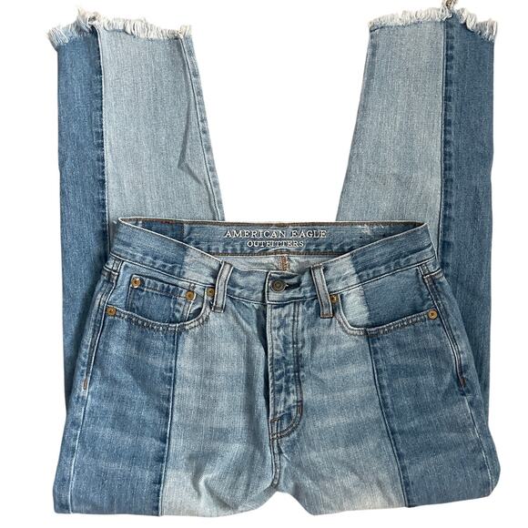American Eagle Vintage Hi-Rise Two Tone Raw Hem Button Fly Ankle Jeans Size 6 - Picture 5 of 9